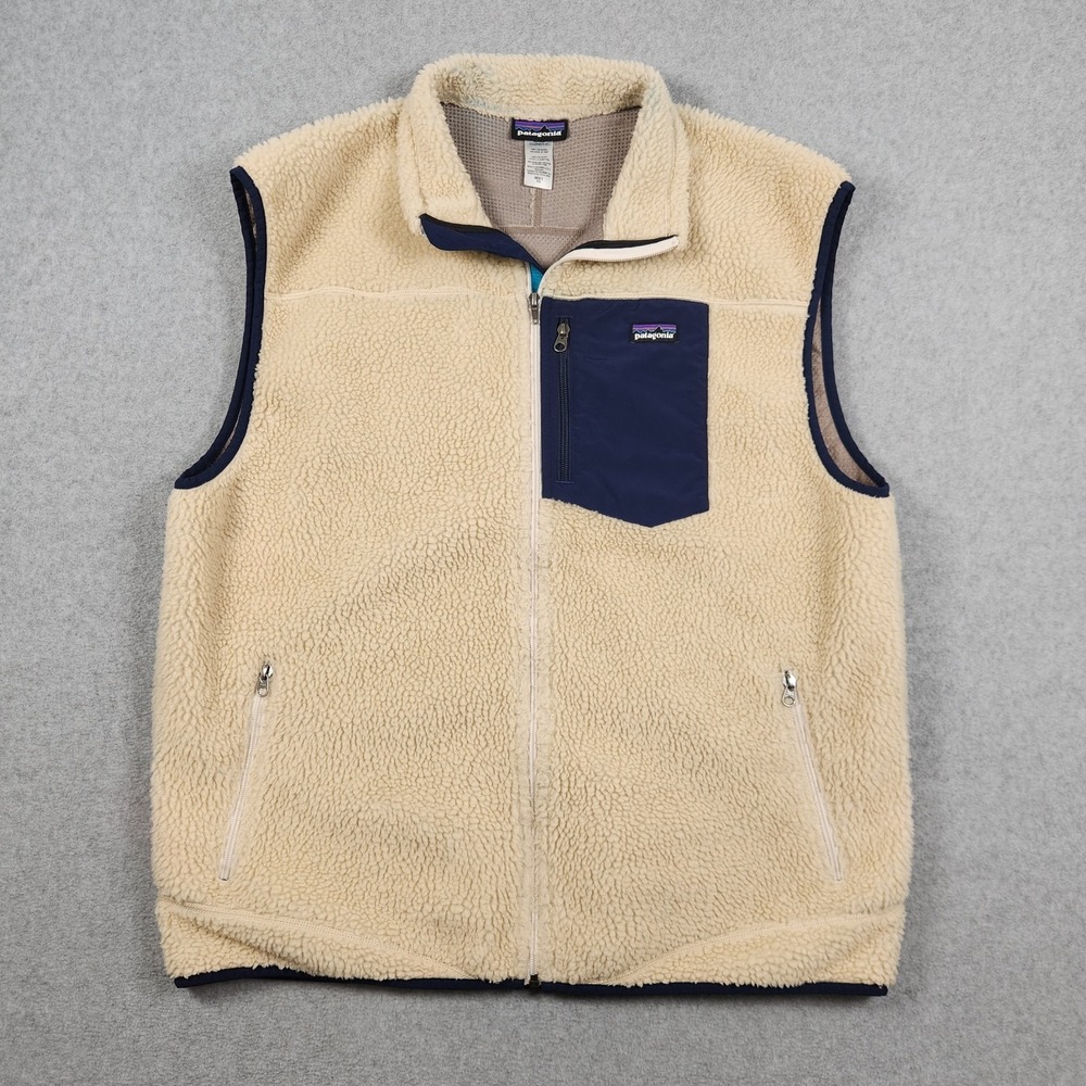 Vintage Patagonia Retro X Vest Mens XXL Oatmeal Beige Blue‎ Deep Pile Fleece